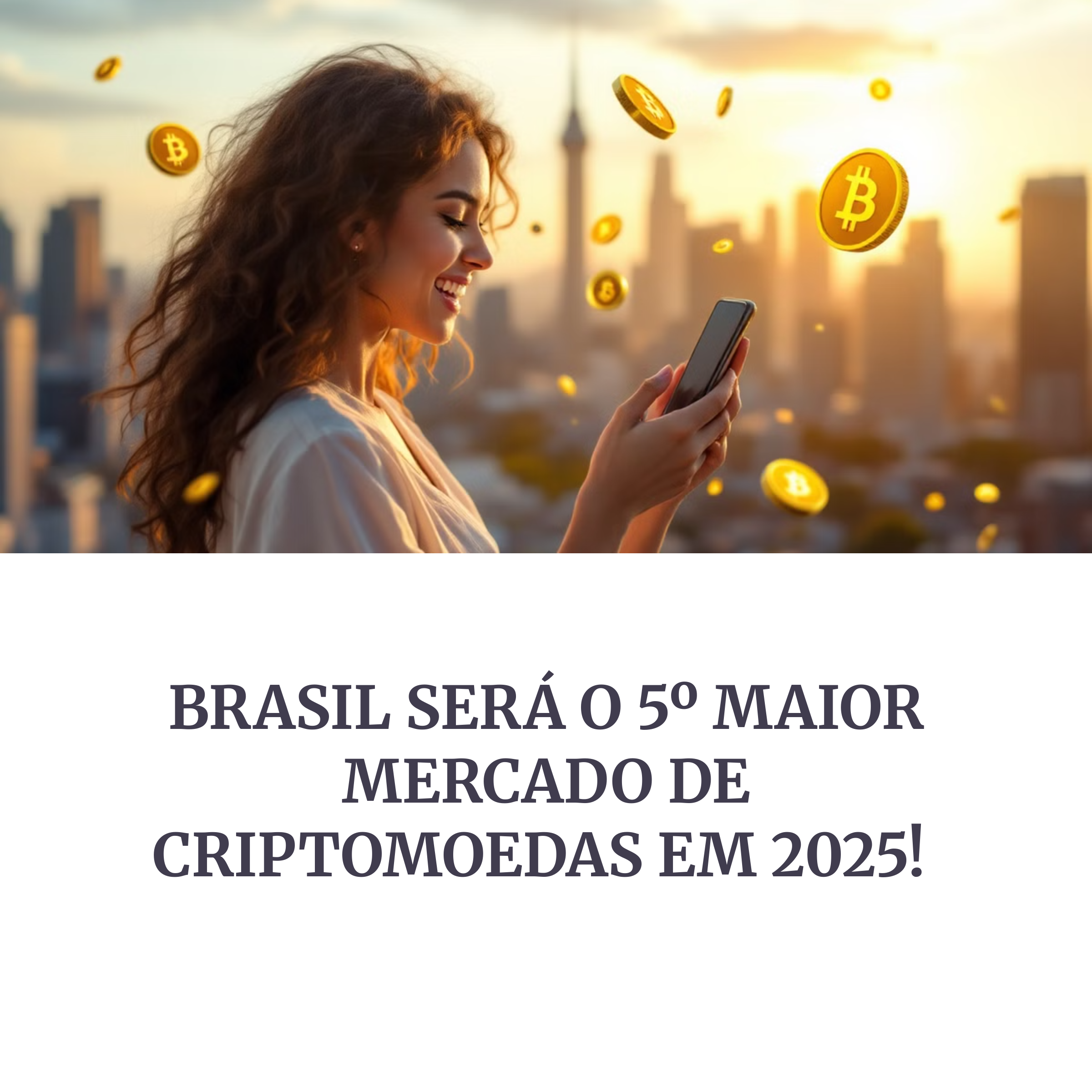 Mulher sorrindo com bitcoins ao redor em ambiente urbano, representando o crescimento do mercado de criptomoedas no Brasil