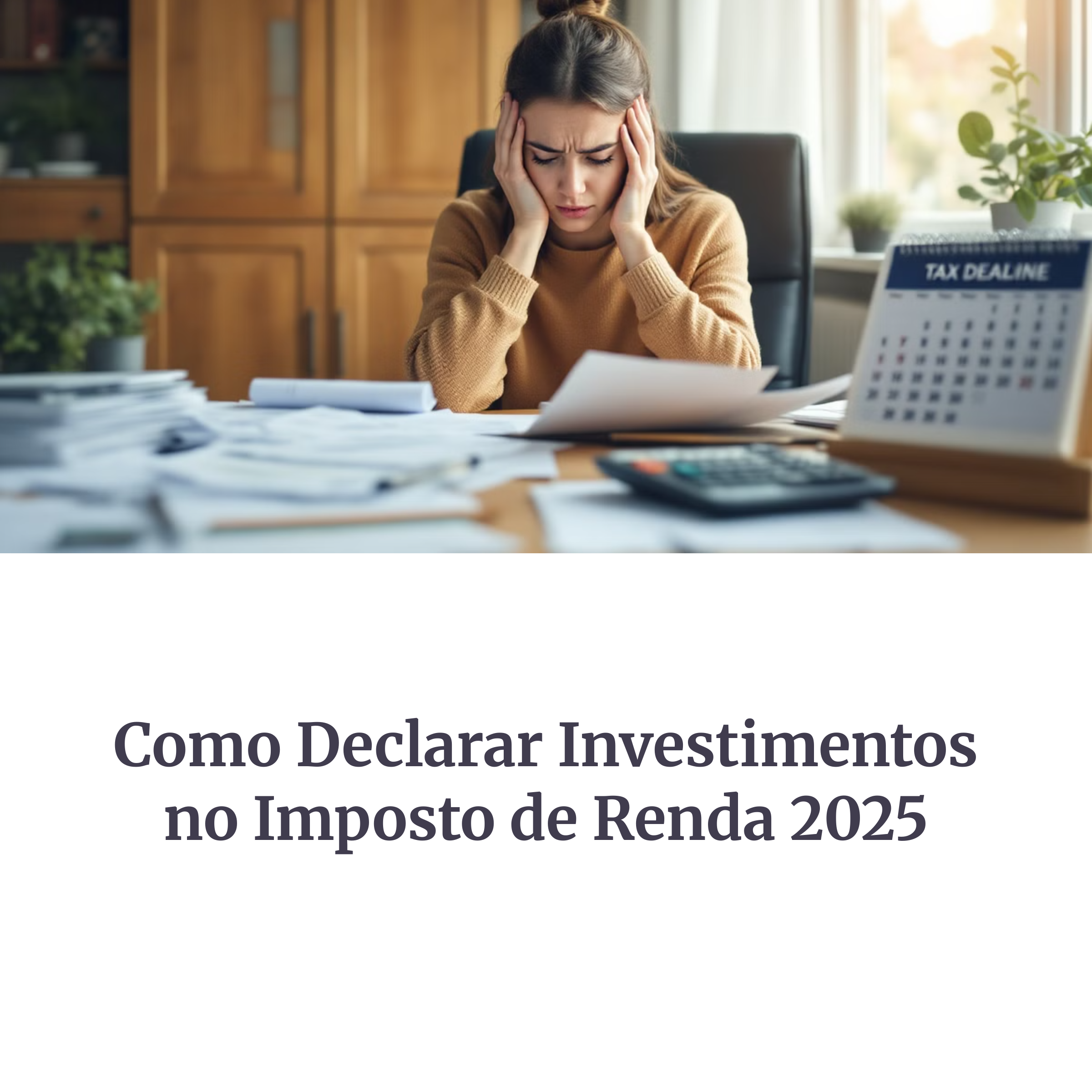Mulher preocupada com papéis e impostos na mesa, ilustrando o desafio de declarar investimentos no IR 2025