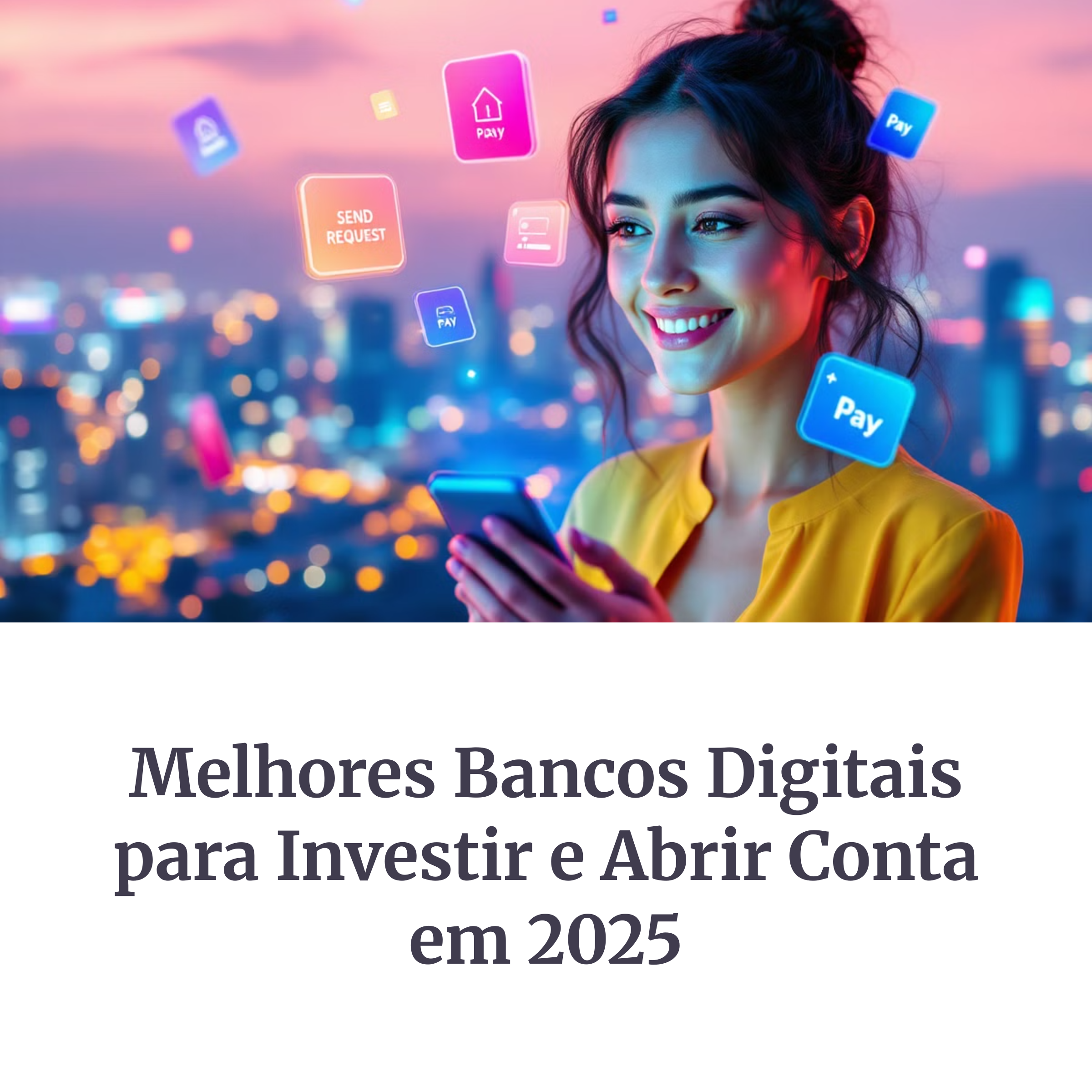 Mulher usando banco digital no celular com ícones flutuantes