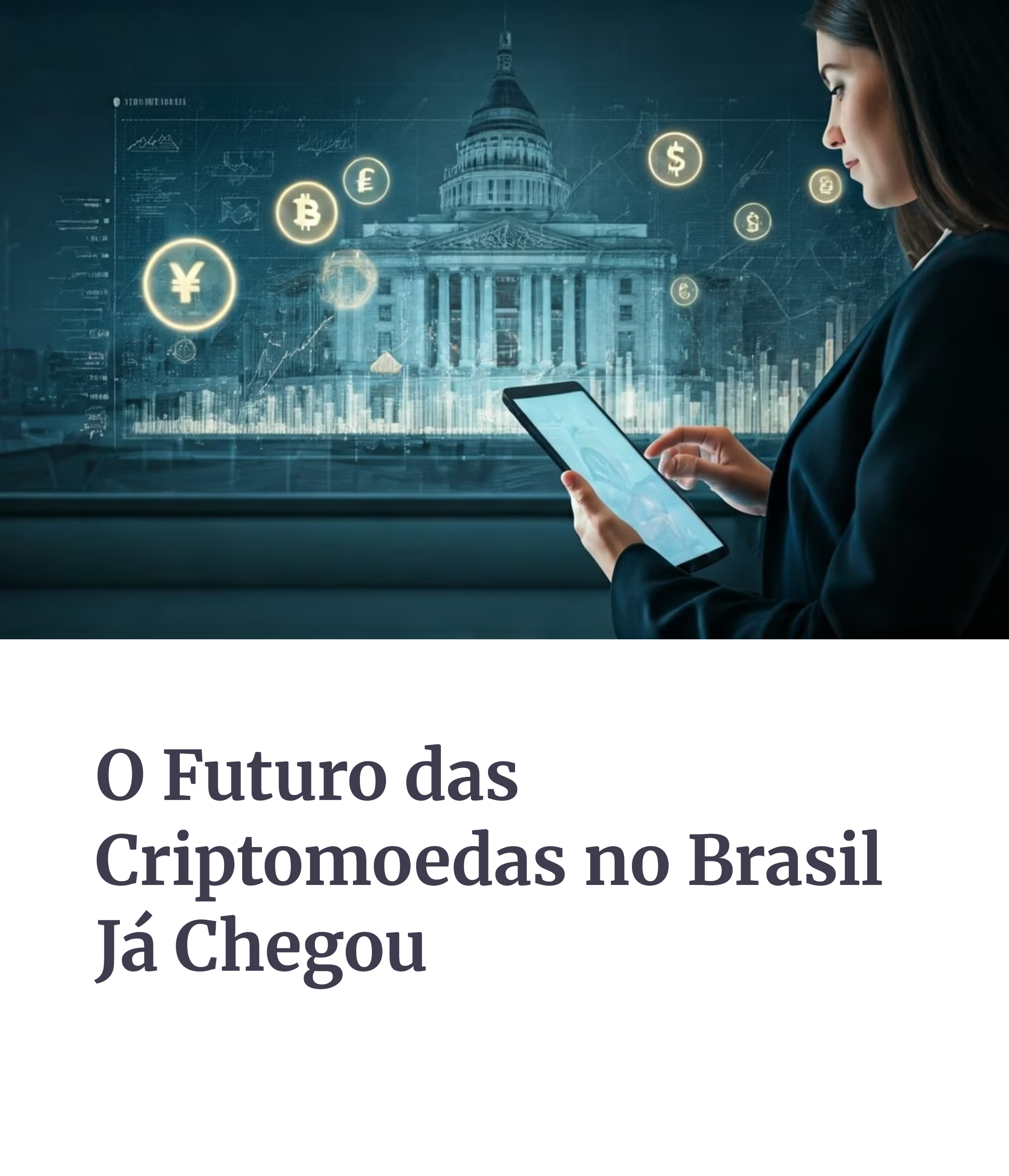 Profissional analisando gráficos de criptomoedas com ícones digitais ao fundo