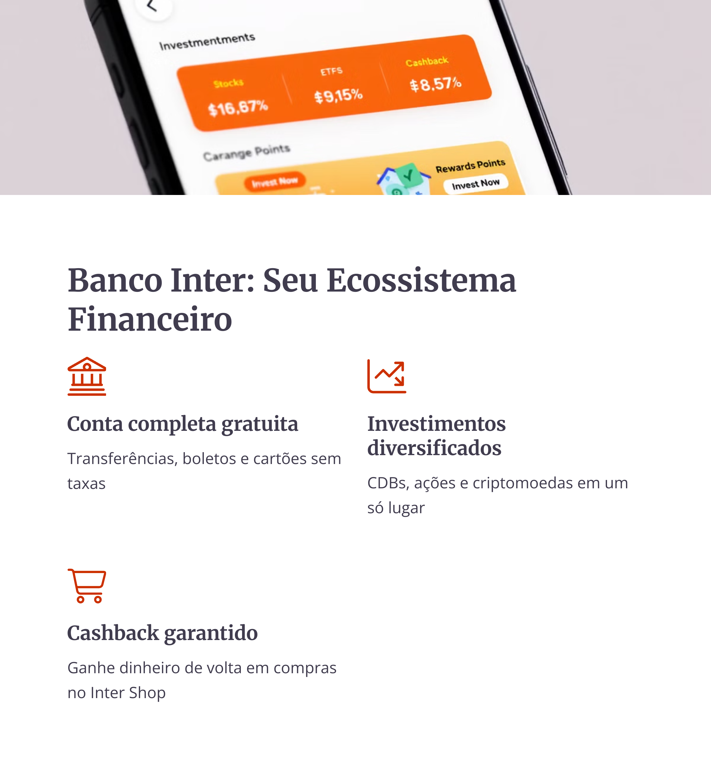 Aplicativo Banco Inter com rendimento e cashback