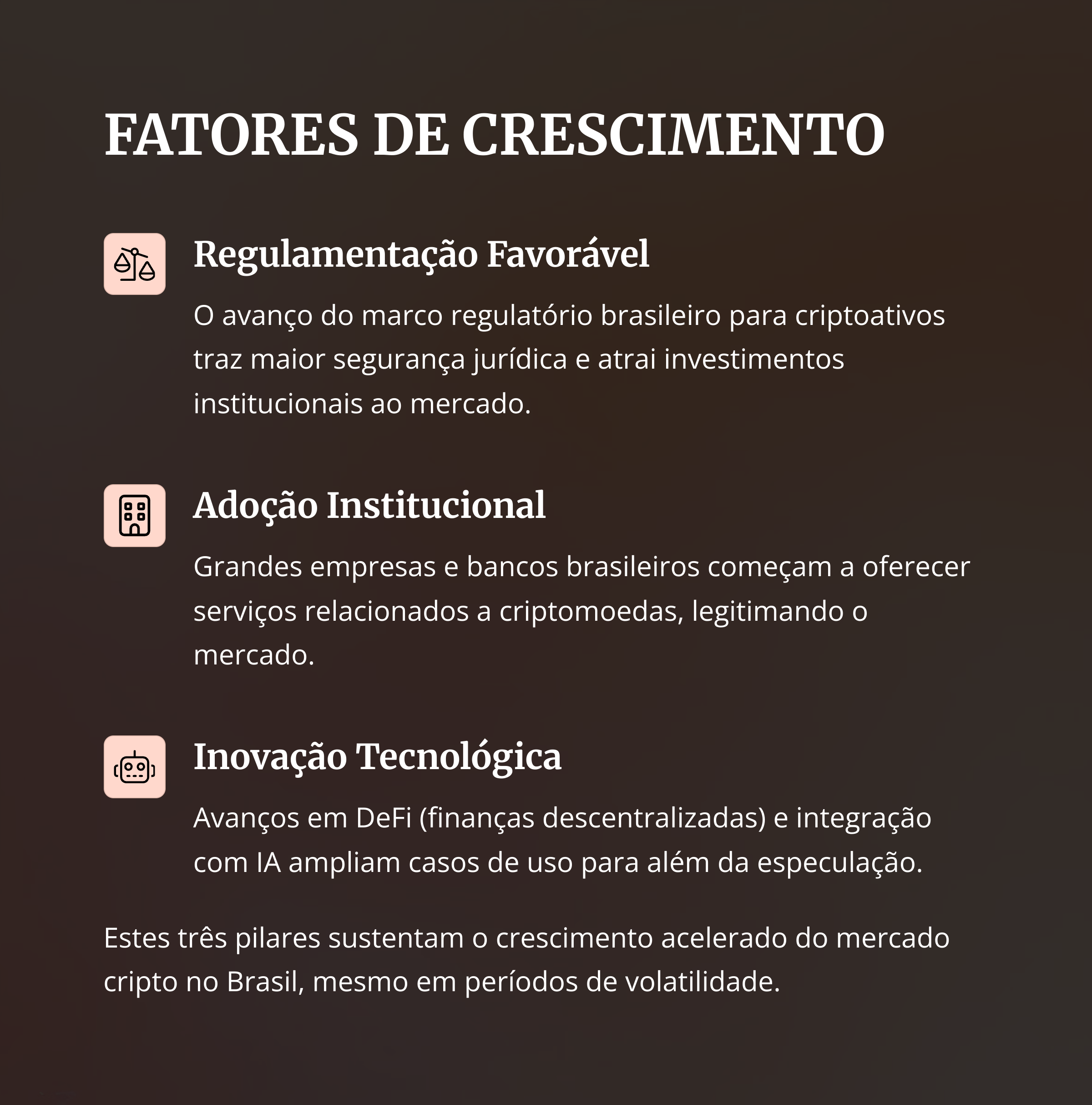 Fatores de crescimento como regulamentação e inovação tecnológica no mercado cripto