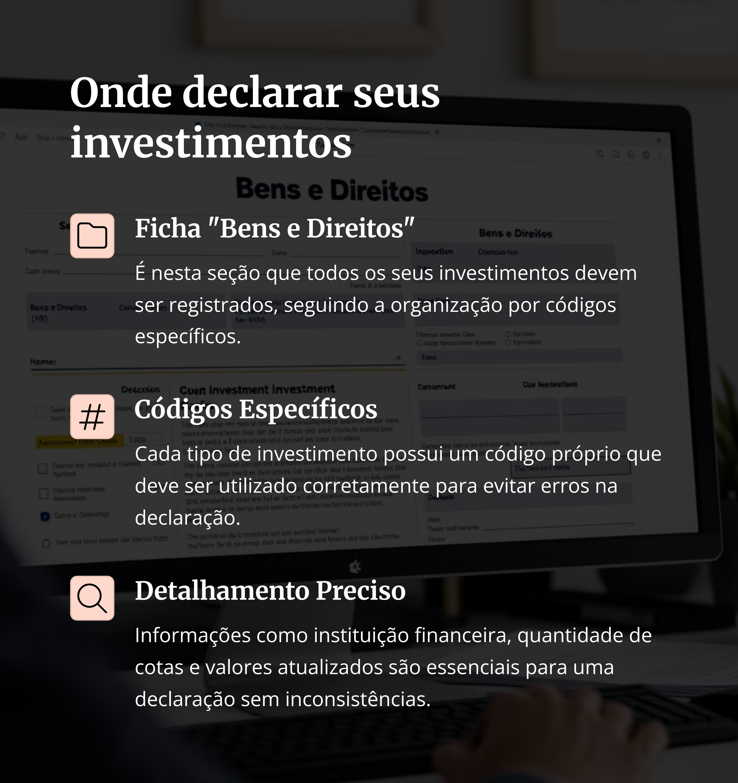 Tela de declaração do IR com destaque para a ficha Bens e Direitos e códigos específicos