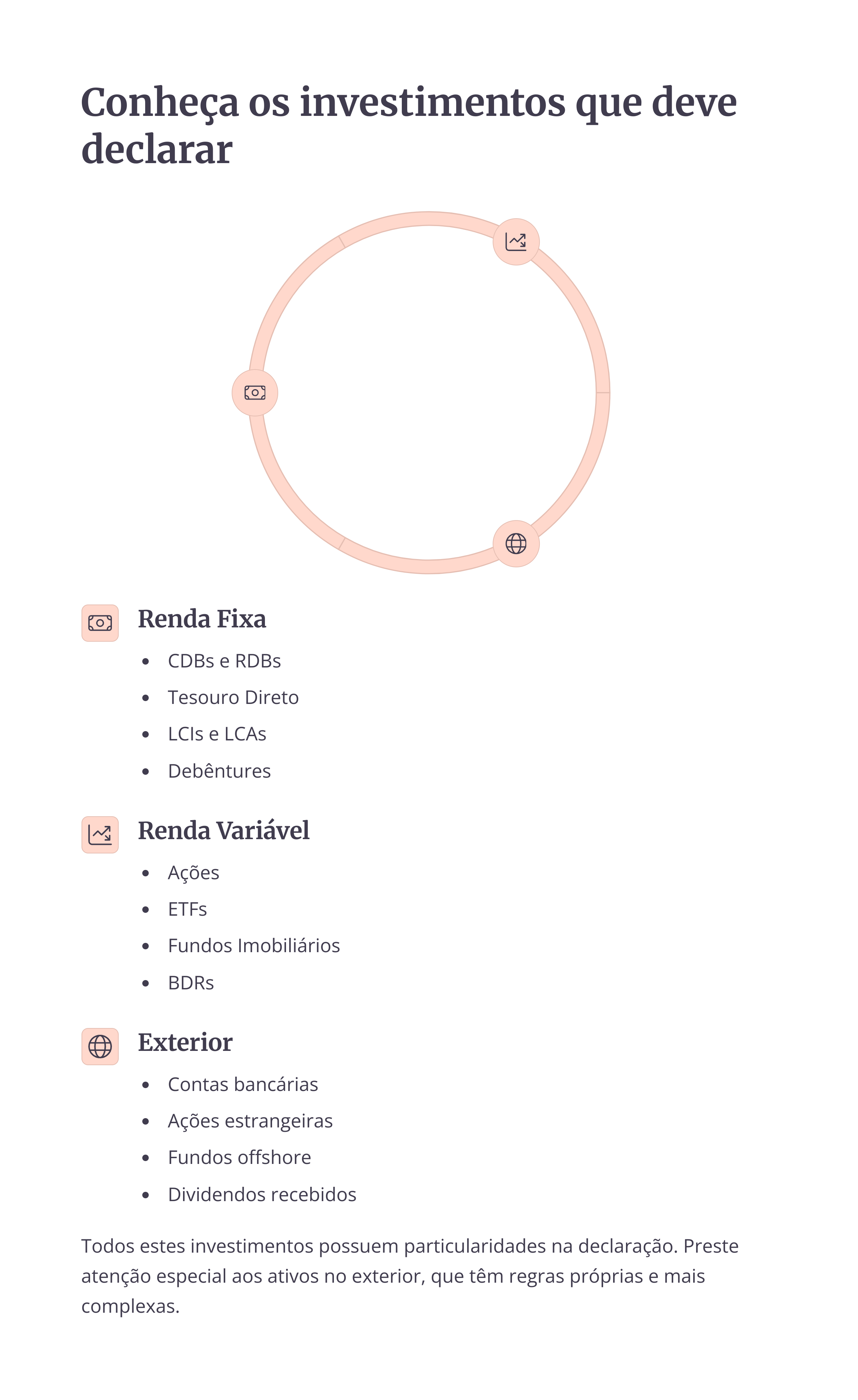 Lista dos principais tipos de investimentos que devem ser declarados, incluindo renda fixa, variável e exterior