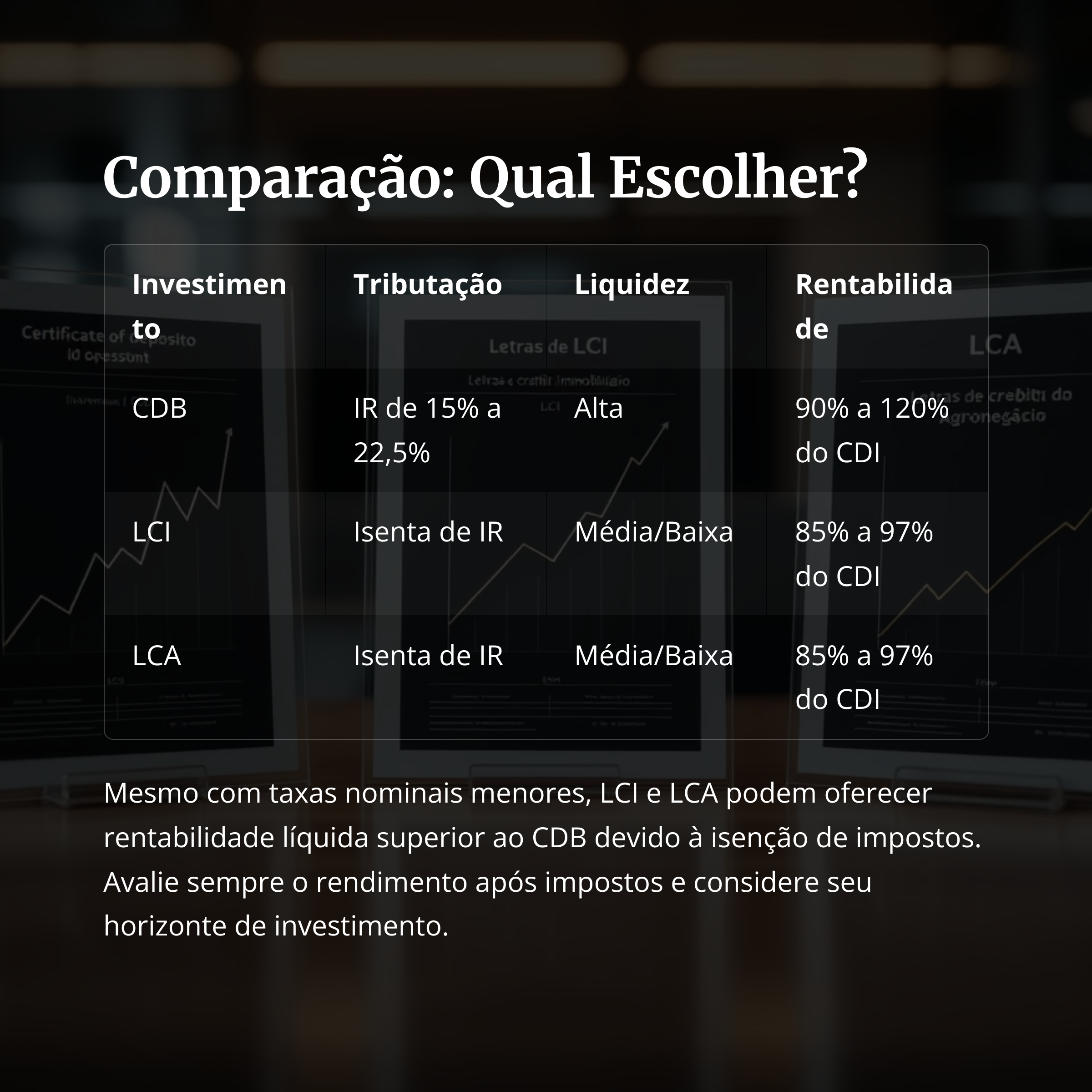 Tabela comparativa entre CDB, LCI e LCA