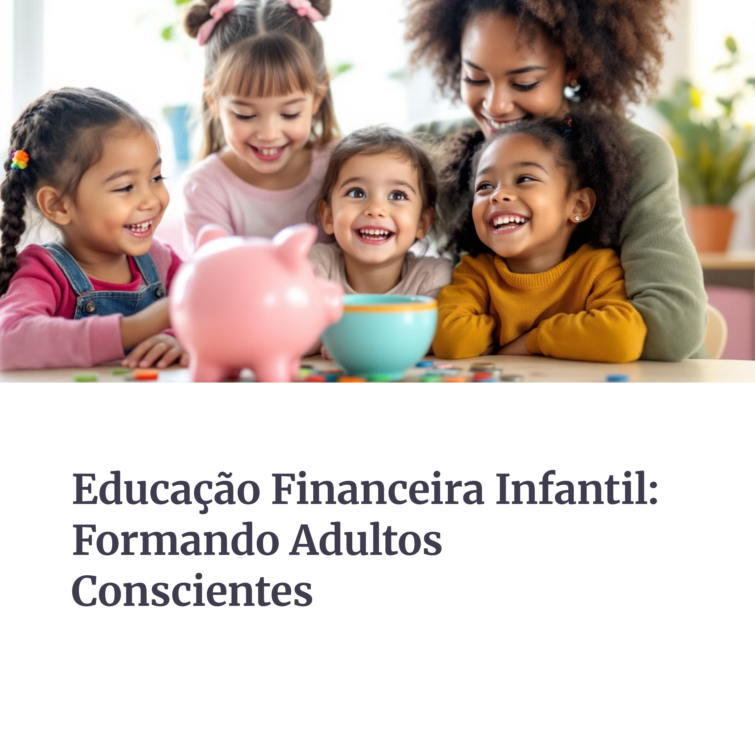 Crianças sorrindo com cofrinho rosa simbolizando educação financeira infantil