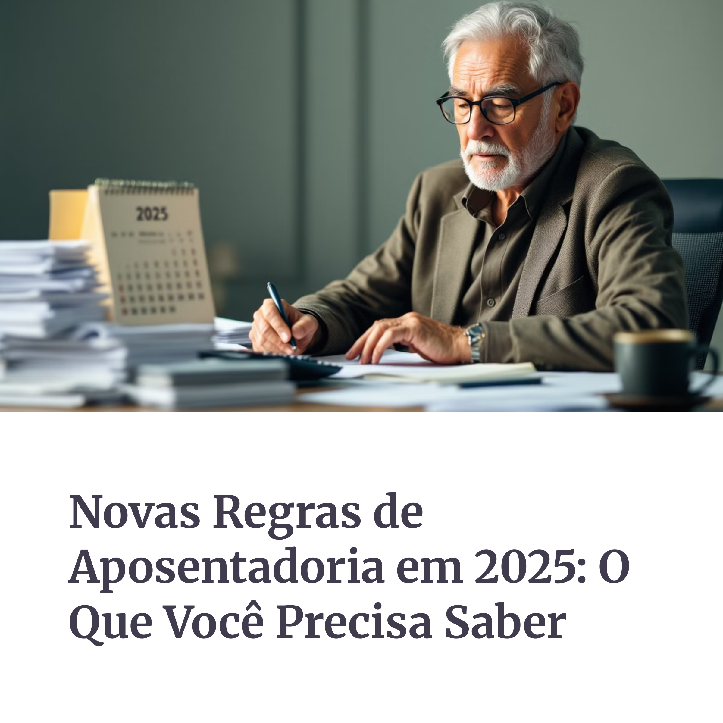 Homem idoso analisando documentos e calendário de 2025