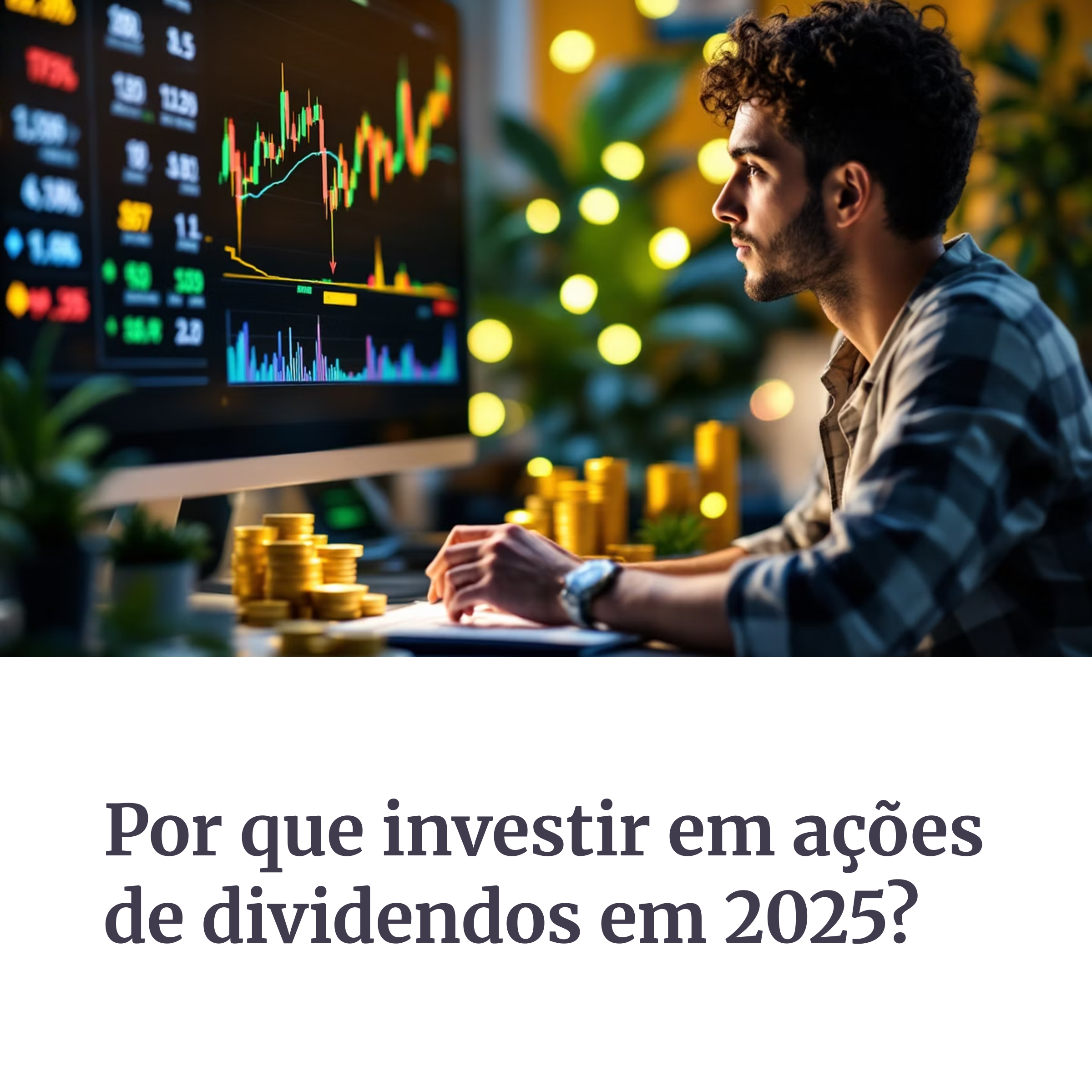 Investidor analisando gráficos de ações com pilhas de moedas ao fundo