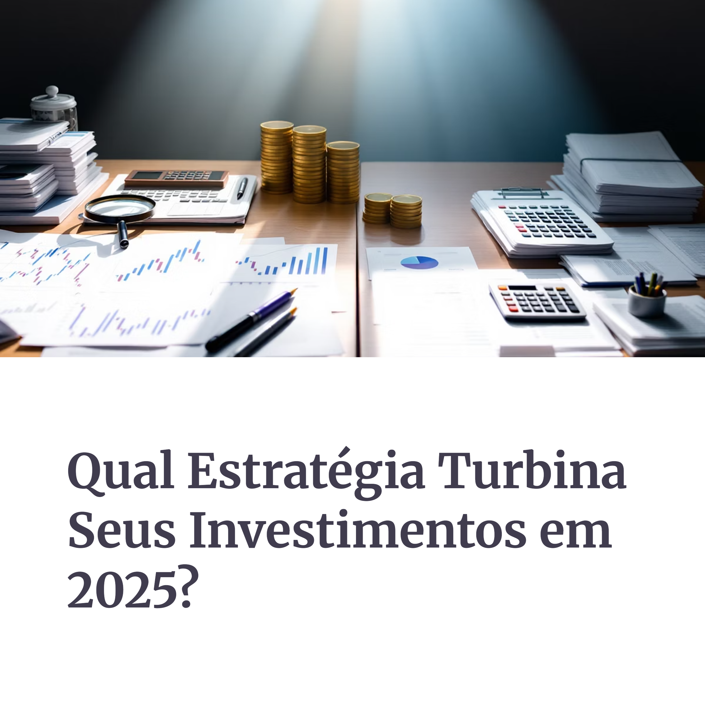 Mesa com gráficos, moedas e calculadoras representando estratégias financeiras