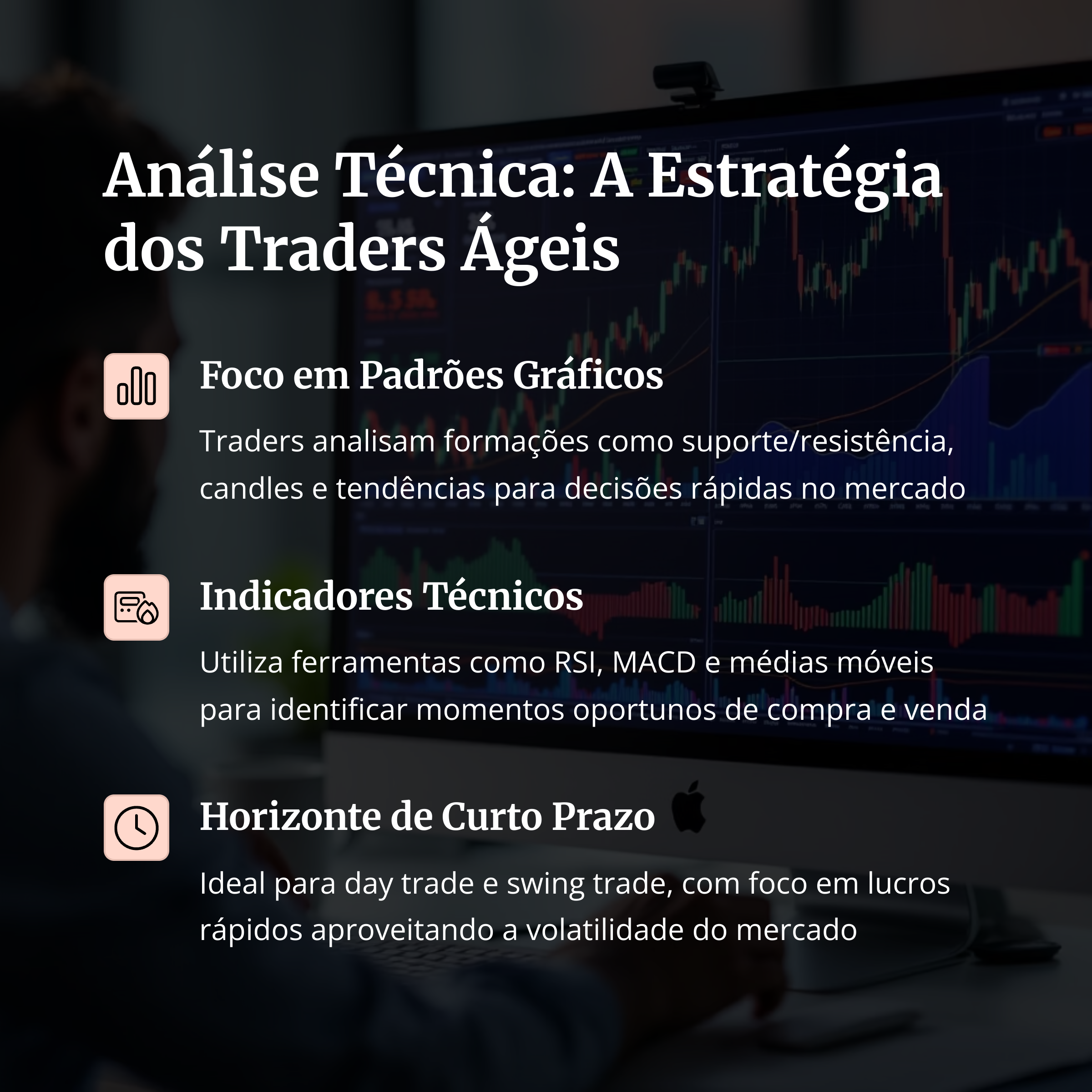 Gráficos em tela com indicadores técnicos utilizados por traders
