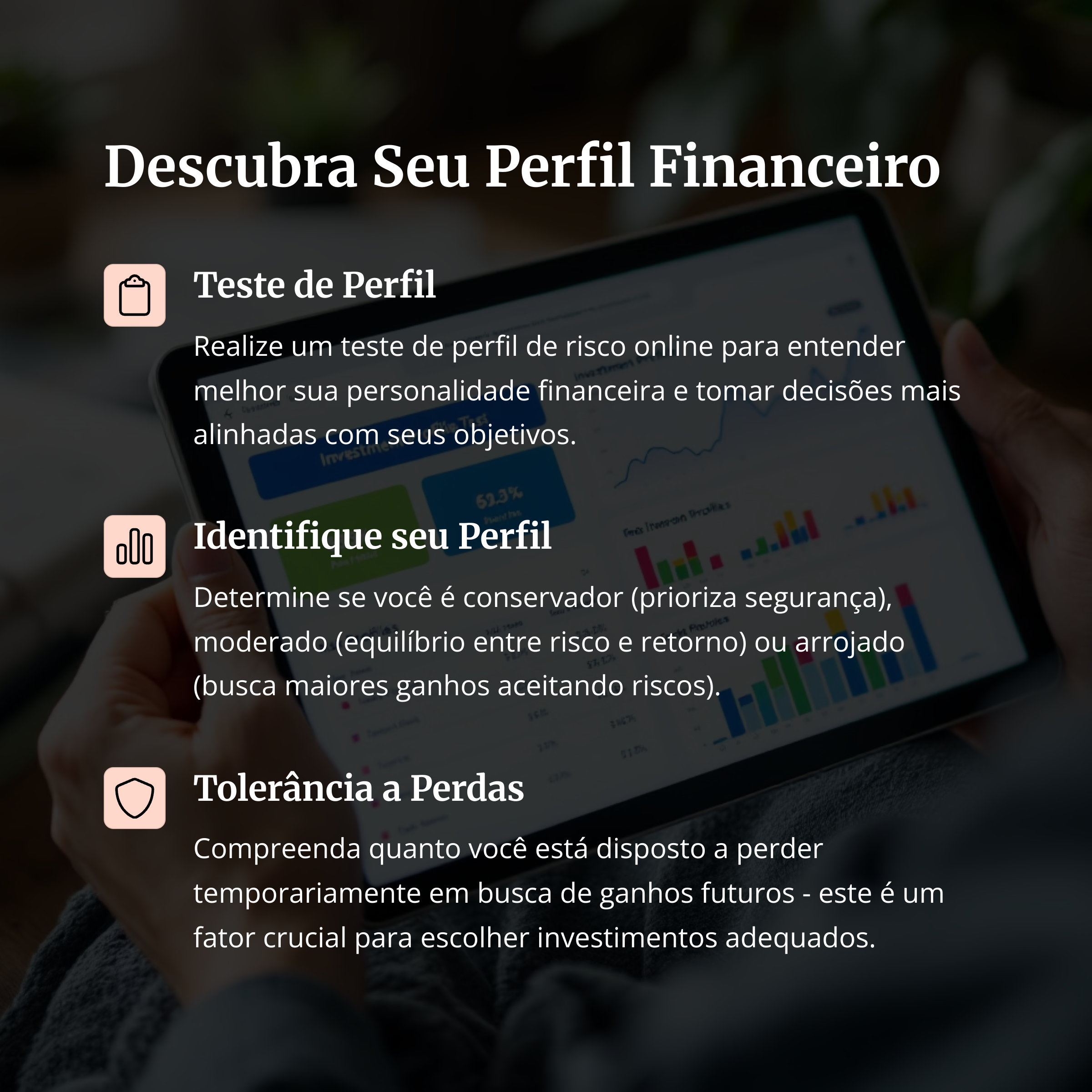Teste de perfil de investidor com gráficos e dados