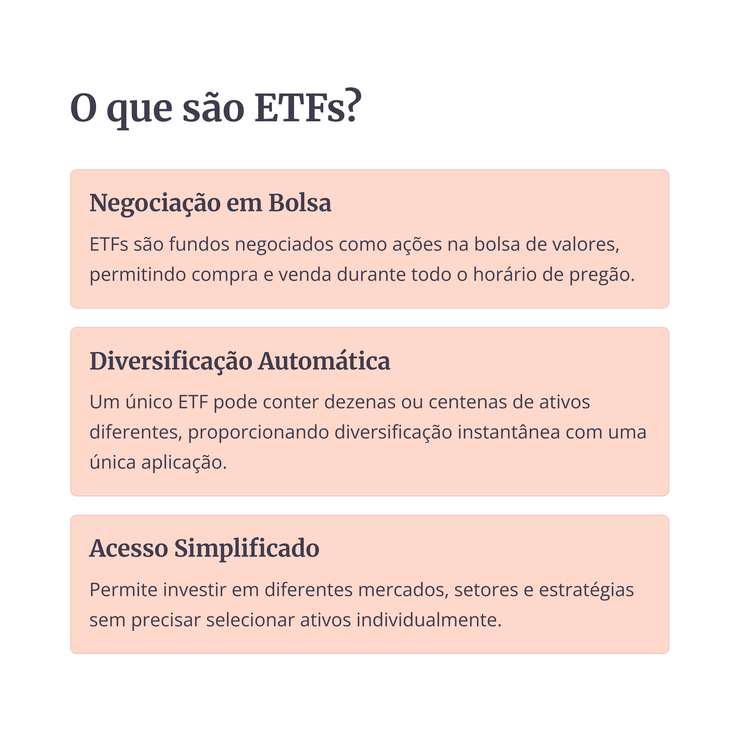 Características principais dos ETFs como negociação, diversificação e acesso