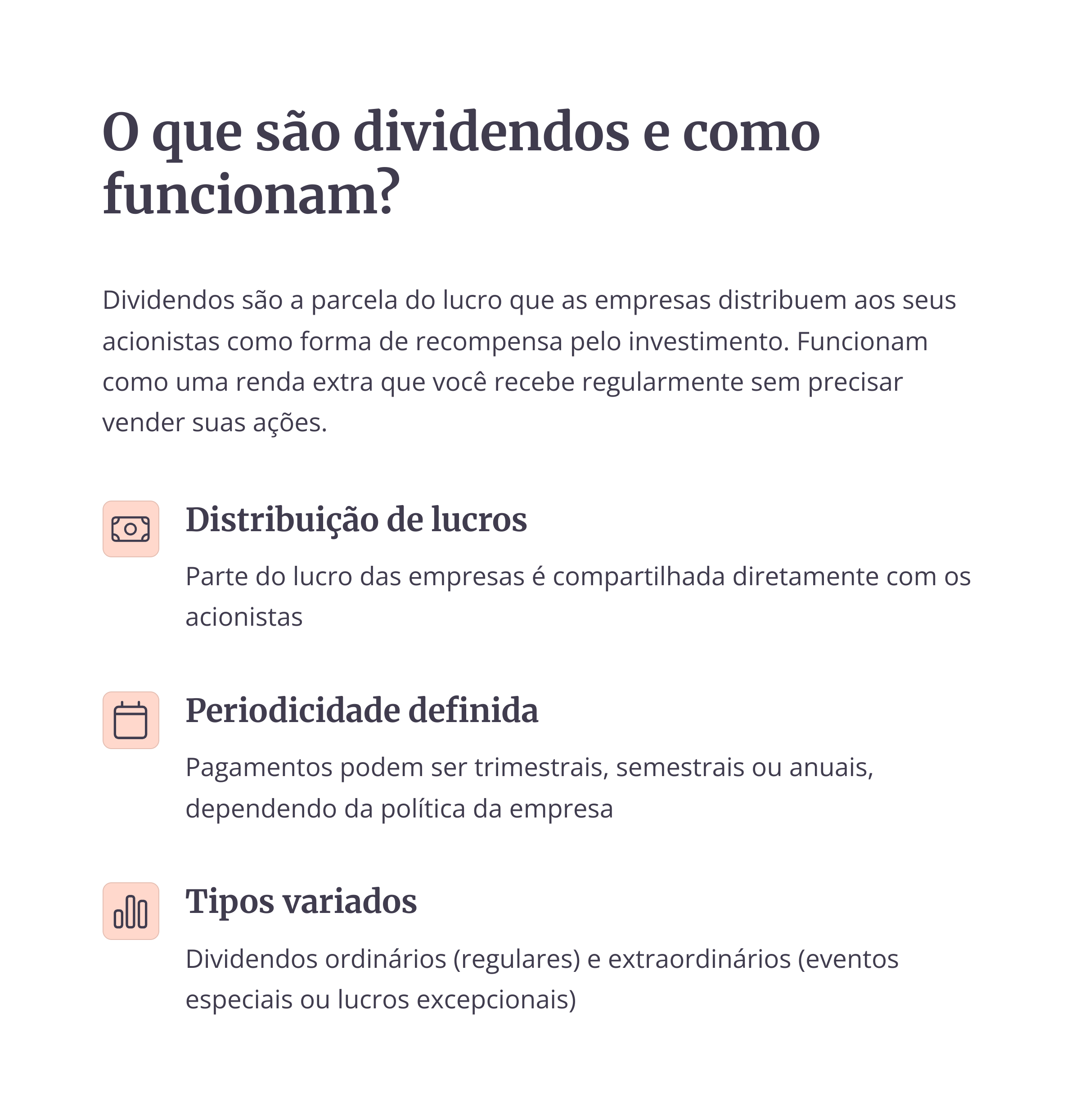 Explicação visual sobre o que são dividendos e seus tipos