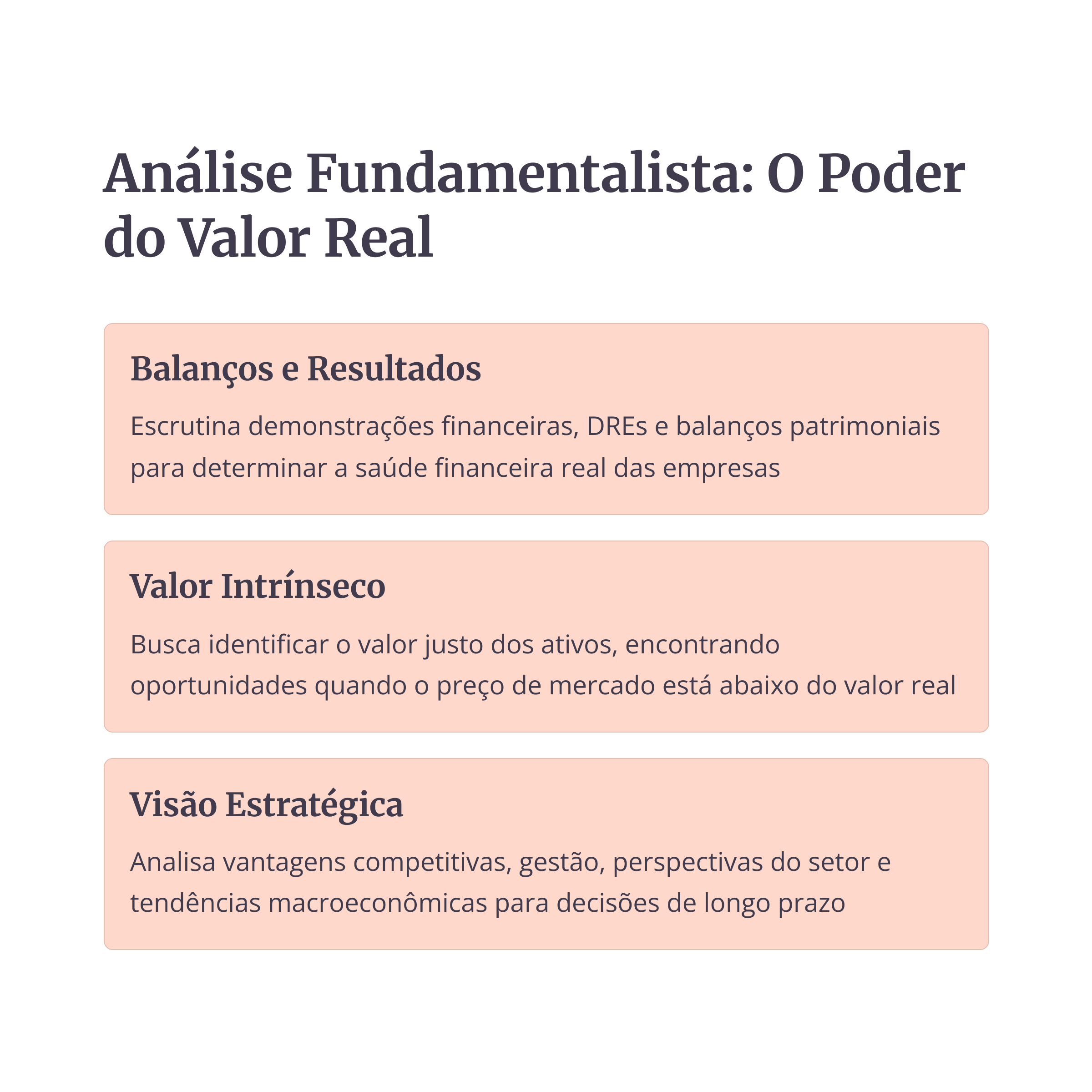 Caixas explicando balanços, valor intrínseco e visão estratégica