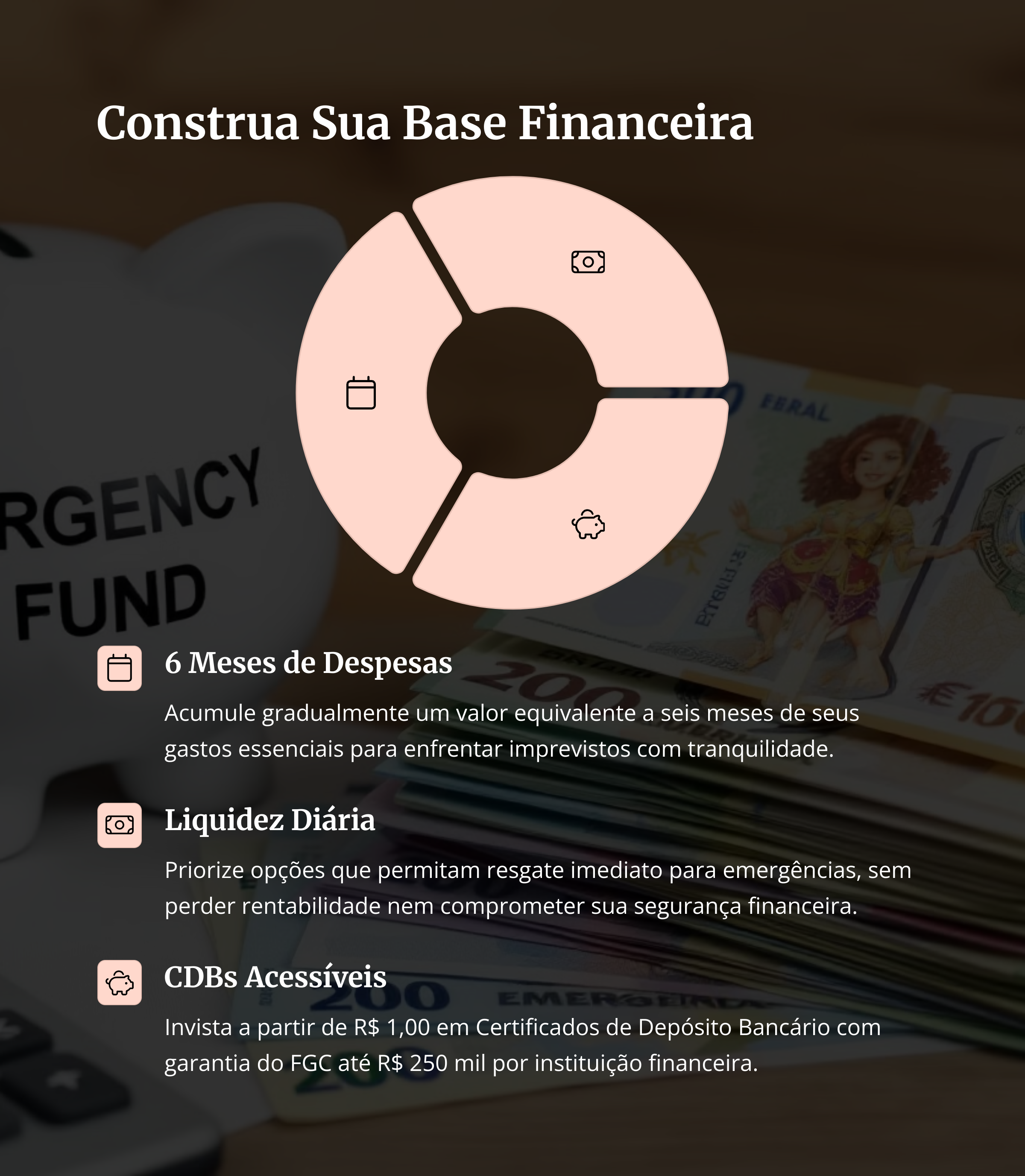 Construção de reserva financeira com notas de real e cofrinho