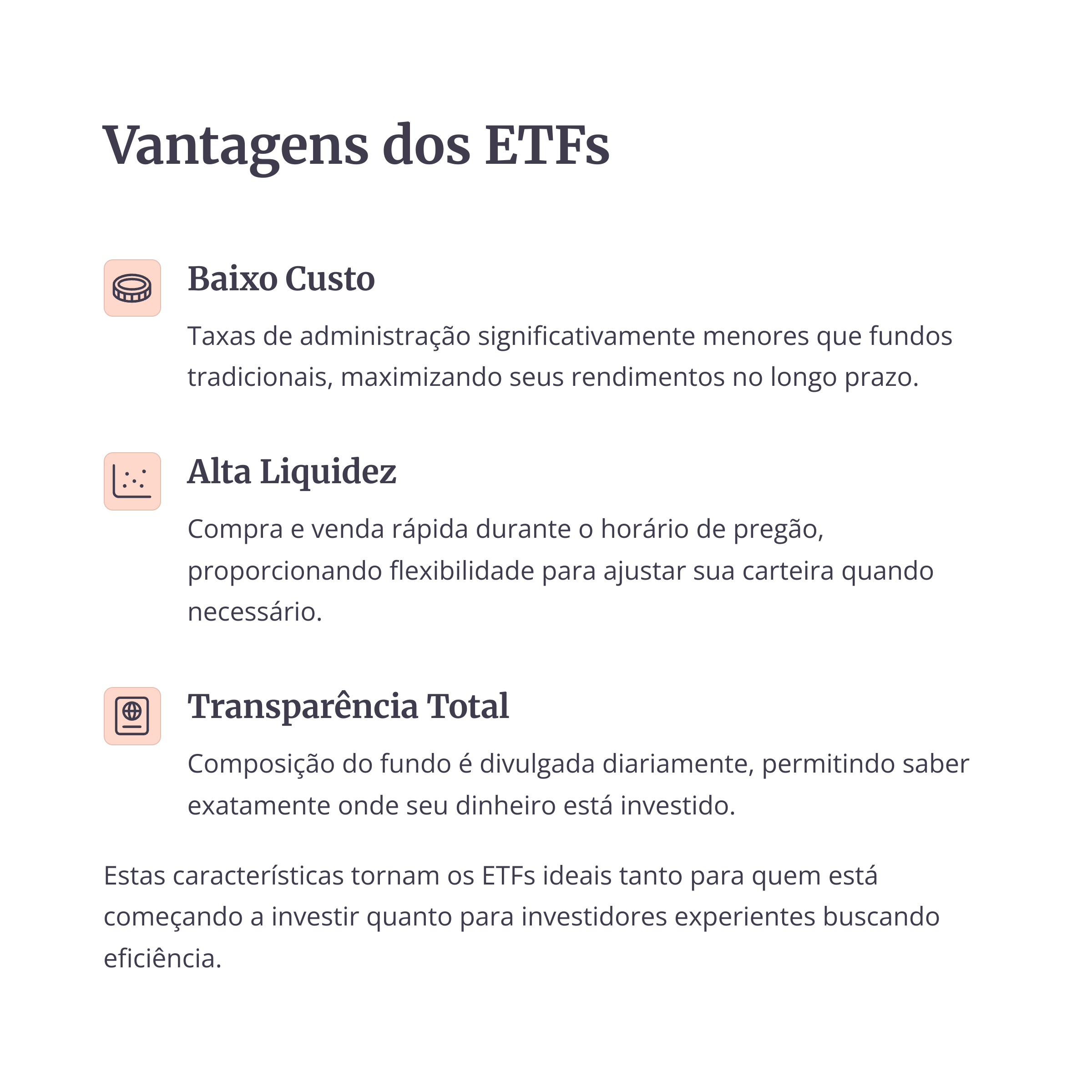 Vantagens dos ETFs com ícones de custo, liquidez e transparência
