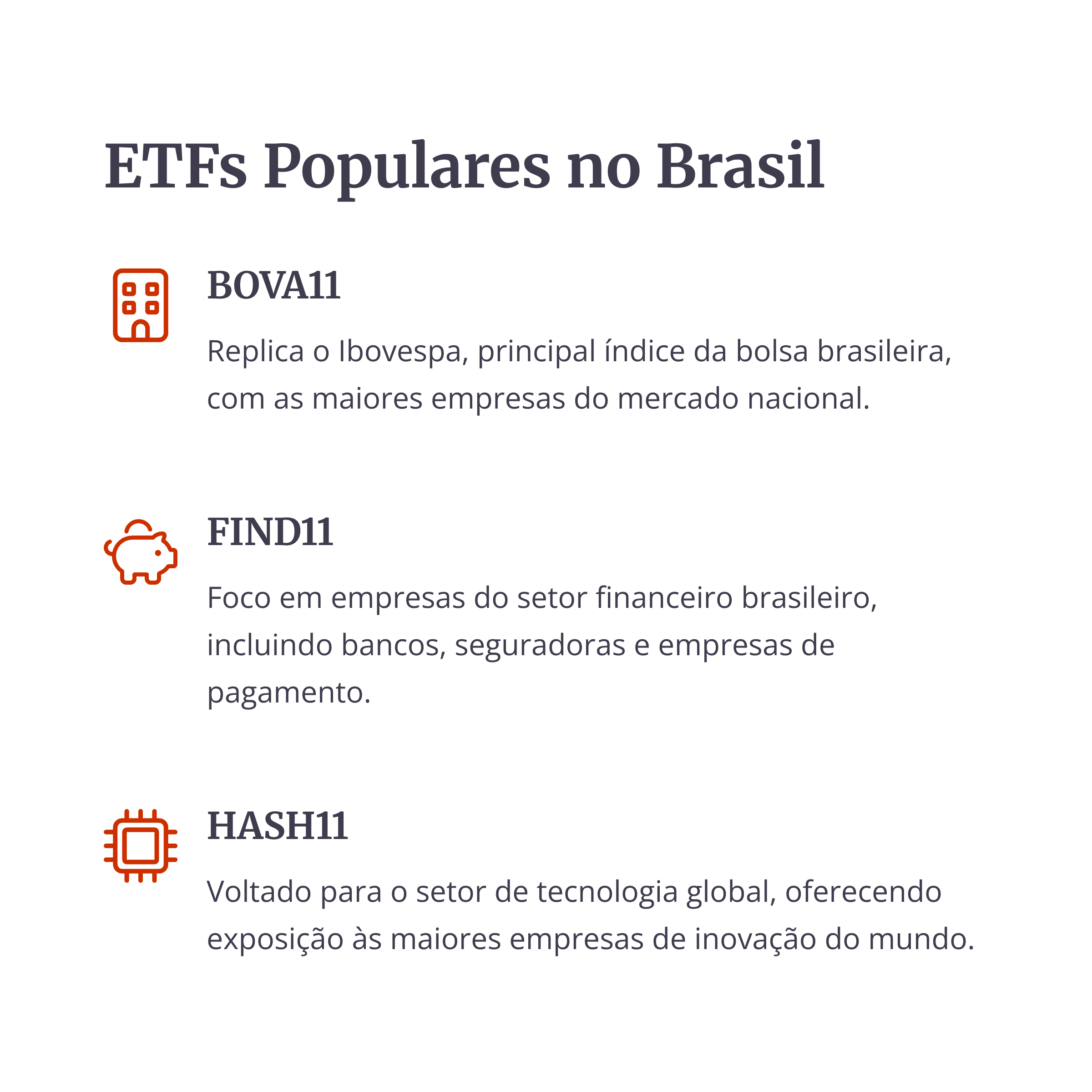 ETFs populares no Brasil como BOVA11, FIND11, HASH11